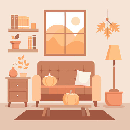 An elegant living room in neutral colors with pumpkin autumn decor. AI generated. Vector iconのイラスト素材