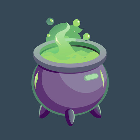 Cauldron with green glowing potion isolated on a dark foggy background. AI generated. Vector iconのイラスト素材