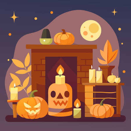 Cozy autumn corner with Halloween decorations and warm candlelight.. AI generated. Vector iconのイラスト素材