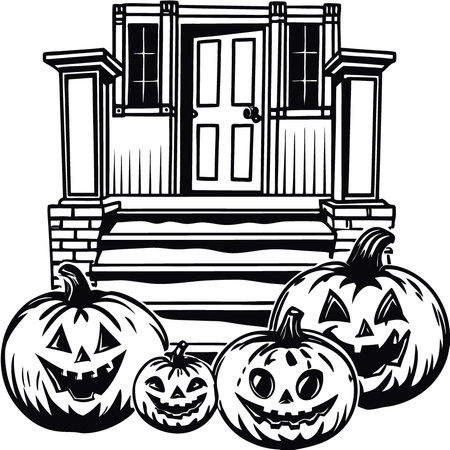 Painted halloween pumpkins sitting on display on the top step of a house. AI generated. Vector iconのイラスト素材