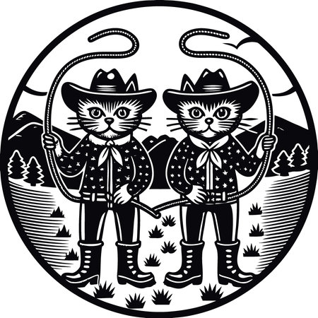 Calico cats wear cowboy uniforms and guard the surrounding environment. AI generated. Vector iconのイラスト素材