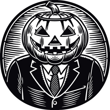 Businessman wearing jack-o-lantern on turquoise background for Halloween. AI generated. Vector iconのイラスト素材