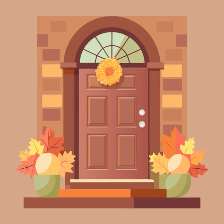 Fall autumn wreath on brown front door and autumn decor on front door steps. AI generated. Vector iconのイラスト素材