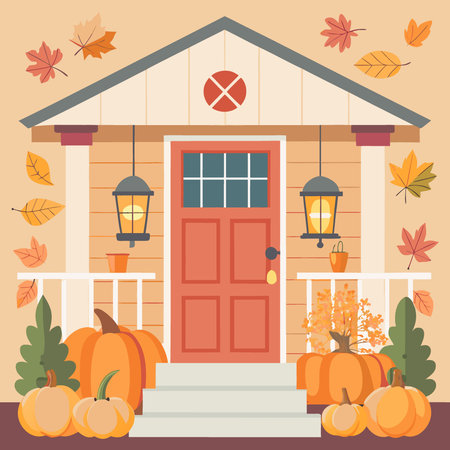House front porch with autumn season decorations - pumpkins and flowers. AI generated. Vector iconのイラスト素材