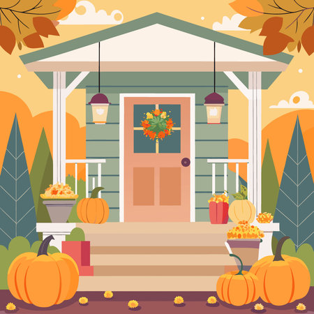 Porch of the backyard decorated with pumpkins and autumn flowers. AI generated. Vector iconのイラスト素材