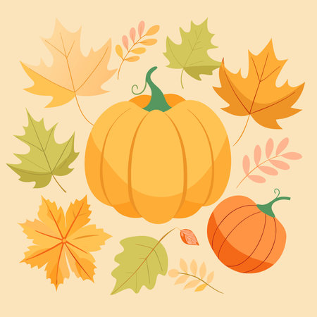 Top view of pumpkins and autumn leaves. halloween and thanksgiving. AI generated. Vector iconのイラスト素材