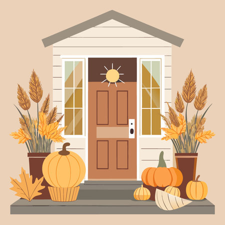 Fall Front Porch Decor with Pumpkins Dried Flowers and Pampas Grass. AI generated. Vector iconのイラスト素材