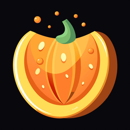 A vibrant orange pumpkin slice on black background showing seeds and texture. AI generated. Vector iconのイラスト素材