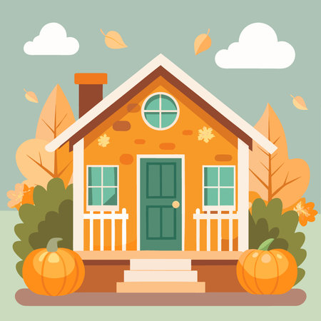 Cute and cozy cottage with fall decorations. pumpkins on the front porch.. AI generated. Vector iconのイラスト素材