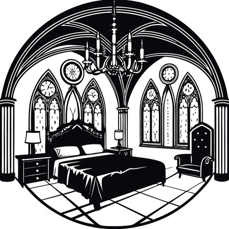Modern Luxury Gothic-inspired bedroom with dramatic details and moody lighting. AI generated. Vector iconのイラスト素材