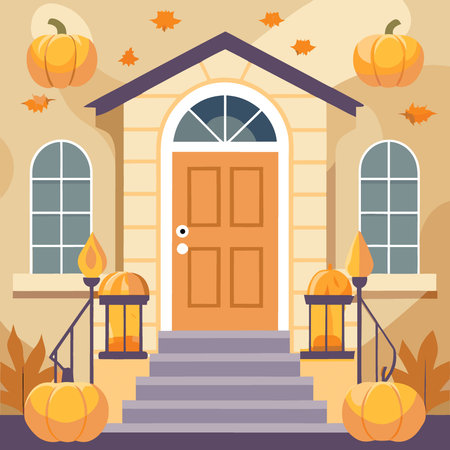 House entrance decorated for traditional autumn holidays. front steps of house with pumpkins.. AI generated. Vector iconのイラスト素材