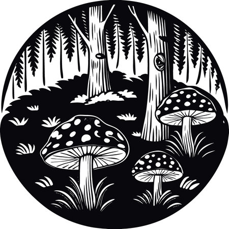 Fantasy glowing mushrooms in a dark dark forest close-up. created with technology. AI generated. Vector iconのイラスト素材
