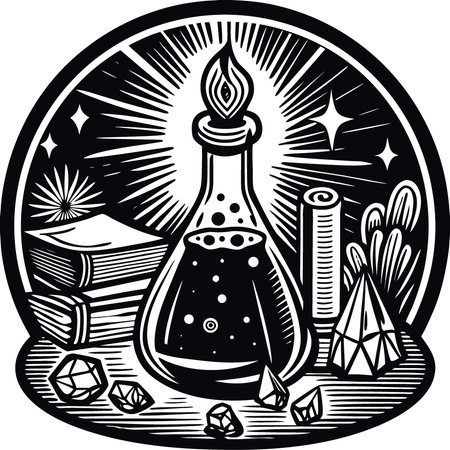 Alchemical bottle with purple fiery liquid. Witchcraft flask with wizard potion in which lights. AI generated. Vector iconのイラスト素材