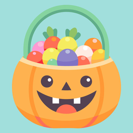 Pumpkin Halloween decor type. Smiling pumpkin basket filled with colorful Halloween candies.. AI generated. Vector iconのイラスト素材