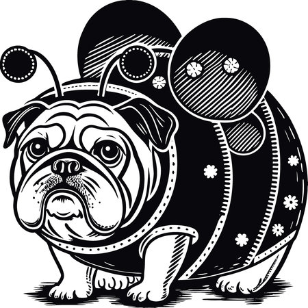 Fat and grumpy bulldog dressed in funny bubble bee Halloween costume. anthropomorphic. vibrant. AI generated. Vector iconのイラスト素材