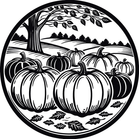 A picturesque scenery of autumn pumpkins with a tranquil ambiance that leaves copy space for any. AI generated. Vector iconのイラスト素材