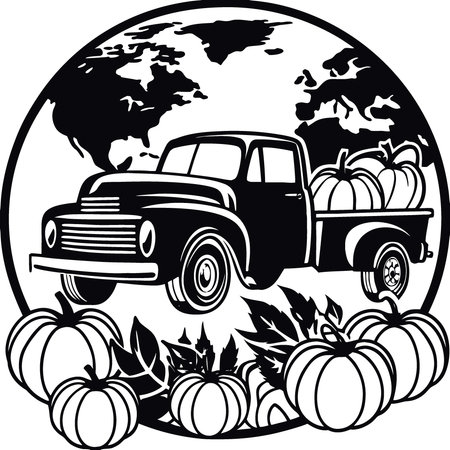 Blue truck or lorry against world map and surrounded by orange pumpkins. fallen leaves and tiny. AI generated. Vector iconのイラスト素材
