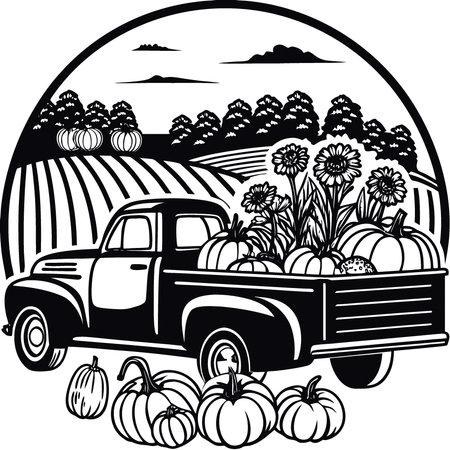 Autumn Harvest Fall Farm Truck Watercolor Isolated. Pumpkin Vegetables Bright Flowers Vintage. AI generated. Vector iconのイラスト素材