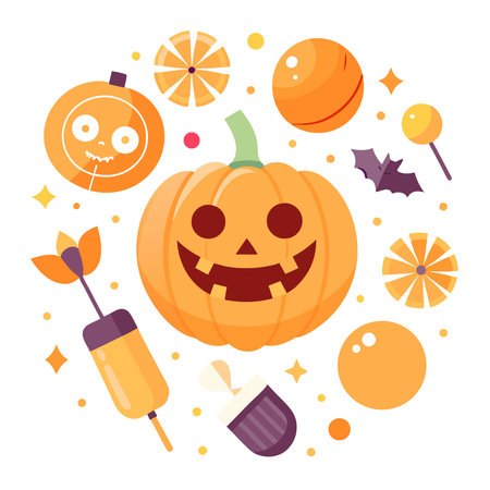Halloween flat lay composition with pumpkins treats on white background top view halloween party. AI generated. Vector iconのイラスト素材