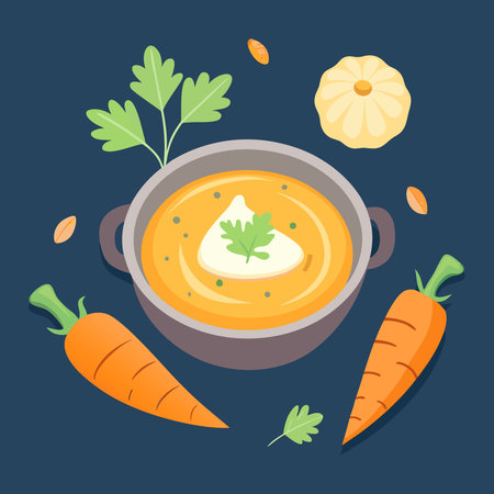 Pumpkin and carrot soup with cream and parsley on a dark rustic background. top view with copy. AI generated. Vector iconのイラスト素材
