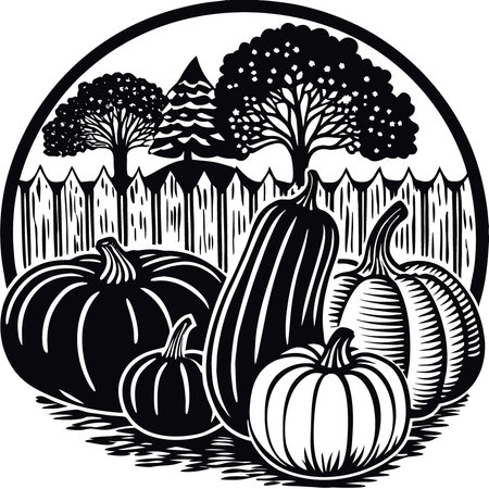 Assorted pumpkins and squash in an autumn garden with fall foliage on trees displayed on a wooden. AI generated. Vector iconのイラスト素材