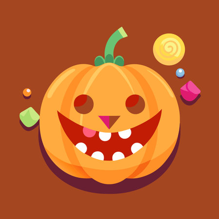 Halloween Jack-O-lantern. candy. Top view Featuring a vibrant Brown background with copy space. ..AI generated. Vector iconのイラスト素材