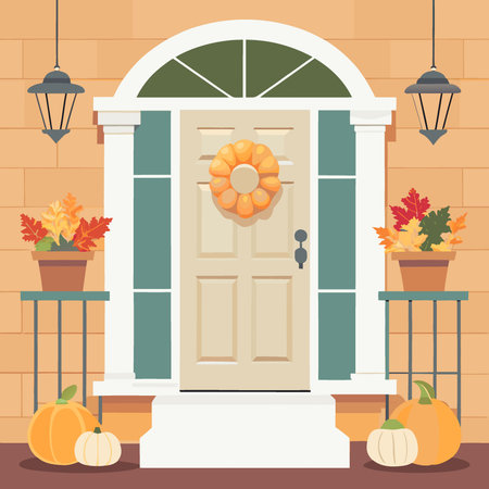 A porch with a white door and a wreath on it. The porch is decorated with pumpkins and other fall. AI generated. Vector iconのイラスト素材