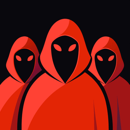 Members of a mysterious sect wearing red hoods against a dark background with darkness enveloping....