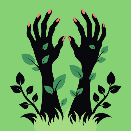 Horror and Halloween theme Terrible zombie hands dirty with black nails reach to the green leaves. AI generated. Vector iconのイラスト素材