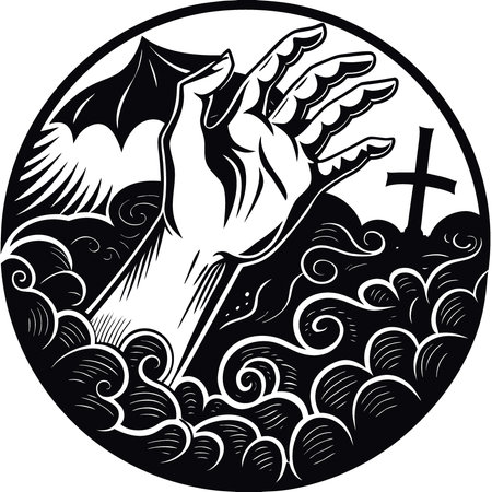 Scary vampire hand reaching out on smoky purple and red background. Halloween event poster. with. AI generated. Vector iconのイラスト素材