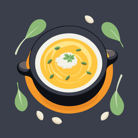 Pumpkin soup with thyme herb. cream and pumpkin seeds served in black bowl. top view Created with. AI generated. Vector iconのイラスト素材