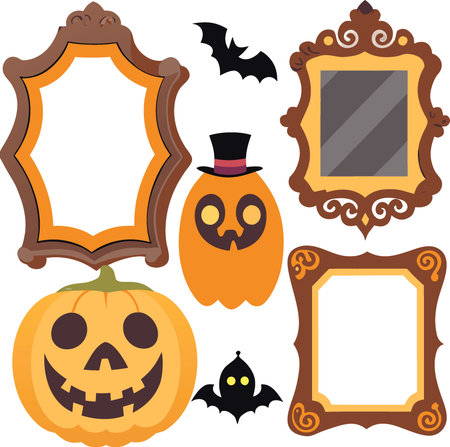 Set of antique halloween picture frames with holiday elements isolated on transparent background.. AI generated. Vector iconのイラスト素材