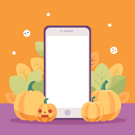 Phone mock up white empty blank screen template Happy Halloween pumpkins background. Thanksgiving. AI generated. Vector iconのイラスト素材