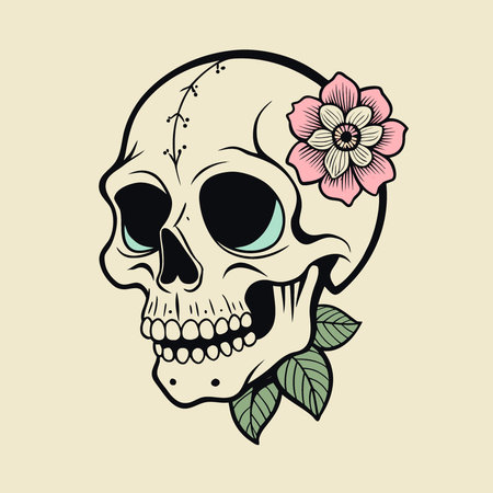 A forearm tattoo of a detailed skull with flowers growing out of the eye sockets. blending realism. AI generated. Vector iconのイラスト素材