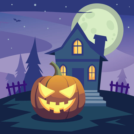 A glowing Jack-O-lantern placed on a stone surface outdoors. with a spooky house in the background. AI generated. Vector iconのイラスト素材