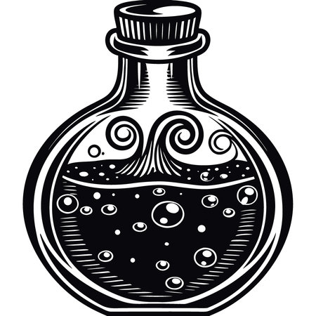 A watercolor clipart of a potion bottle filled with green bubbling liquid. glowing in eerie light.. AI generated. Vector iconのイラスト素材