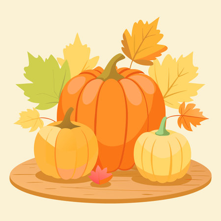 A rustic arrangement of pumpkins and autumn leaves on a wooden surface. perfect for seasonal decor. AI generated. Vector iconのイラスト素材