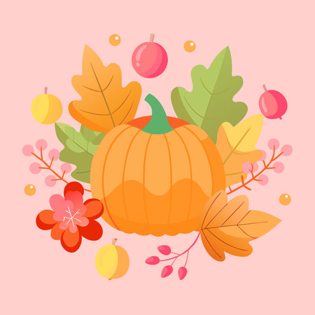 Festive autumn decor from pumpkins. berries and leaves on a pink wooden background. of Thanksgiving. AI generated. Vector iconのイラスト素材