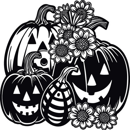 Festively decorated pumpkins with a Jack-O-lantern. candy corn and autumn flower arrangement in a. AI generated. Vector iconのイラスト素材