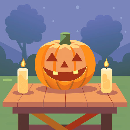 Closeup on a Halloween jack o lantern pumpkin sitting on a suburb backyard picnic table with candle. AI generated. Vector iconのイラスト素材