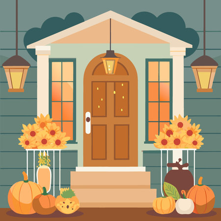 The porch of the house is decorated with pumpkins. flowers and lanterns with candles. Autumn home. AI generated. Vector iconのイラスト素材