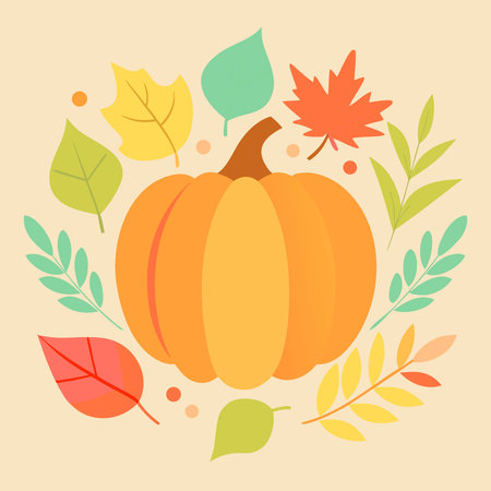 Vibrant watercolor of autumn pumpkin surrounded by colorful fall floral leaves. delicately painted. AI generated. Vector iconのイラスト素材
