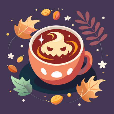 Close-up of a Halloween coffee with spooky latte art in a dark cup. Surrounded by autumn leaves and. AI generated. Vector iconのイラスト素材