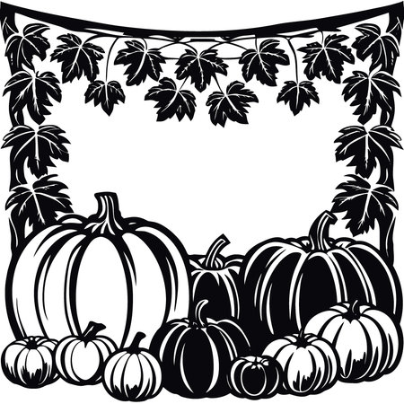 Top border with thanksgiving still life made of pumpkins and dried fall leaves. Top view flat lay. AI generated. Vector iconのイラスト素材