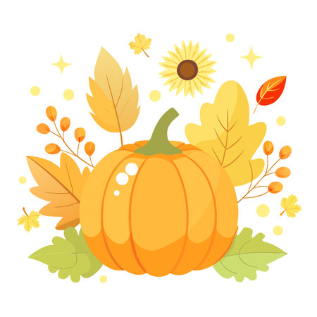 Autumn pumpkin with sunflower dry leaves and flowers on blurred bokeh lights white background with. AI generated. Vector iconのイラスト素材