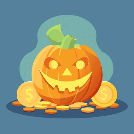 Orange Jack-O-lantern filled with cash and coins on a rustic table. evoking Halloween and financial. AI generated. Vector iconのイラスト素材