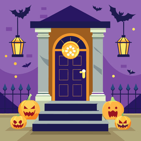 Dekorierter Hauseingang und Gehweg zu Halloween. Decorated house entrance and sidewalk for Halloween. AI generated. Vector iconのイラスト素材
