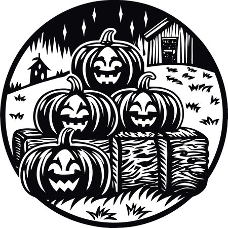 A festive arrangement of glowing pumpkins set among hay bales. capturing the spirit of Halloween in. AI generated. Vector iconのイラスト素材