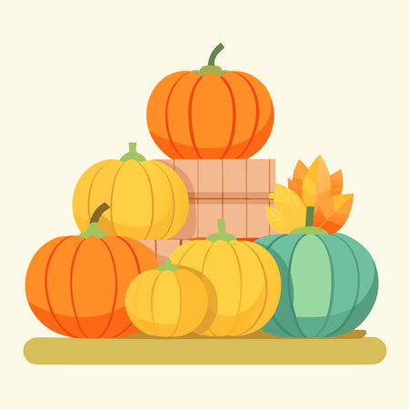 Colorful pumpkins of various sizes rest on stacks of hay bales. showcasing fall harvest beauty in a. AI generated. Vector iconのイラスト素材