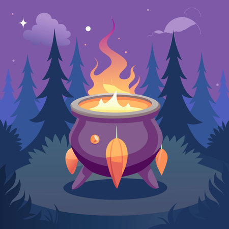 Magical cauldron glows with fiery light in forest. Potion brewing and witchcraft. Halloween holiday. AI generated. Vector iconのイラスト素材